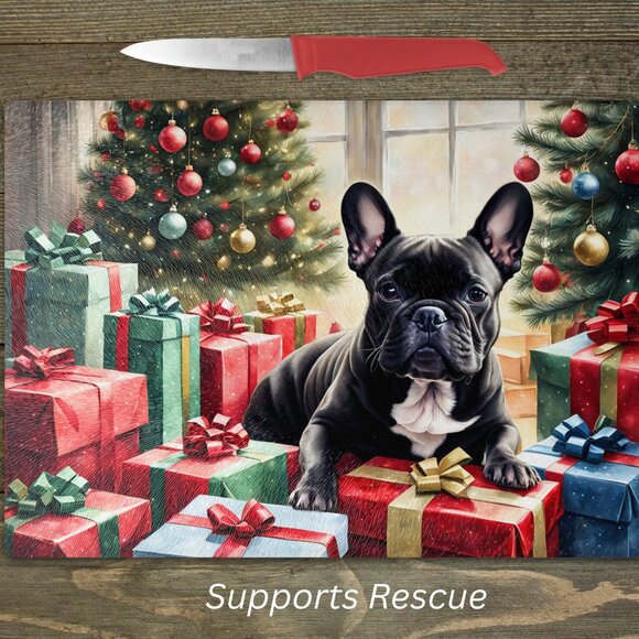 Christmas Black French Bulldog Kitchen Tempered Glass Cutting Board or Trivet - Picture 1 of 1